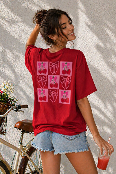 ArtYus Μπλουζάκι Unisex Oversize με στάμπα κεράσια και φιόγκο στην πλάτη – Βα...