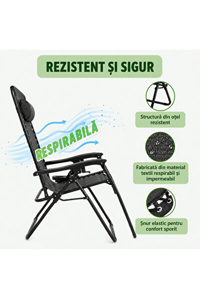OEM Scaun Relaxare Pliabil Zero Gravity cu Suport Pahar și Tavă Negru