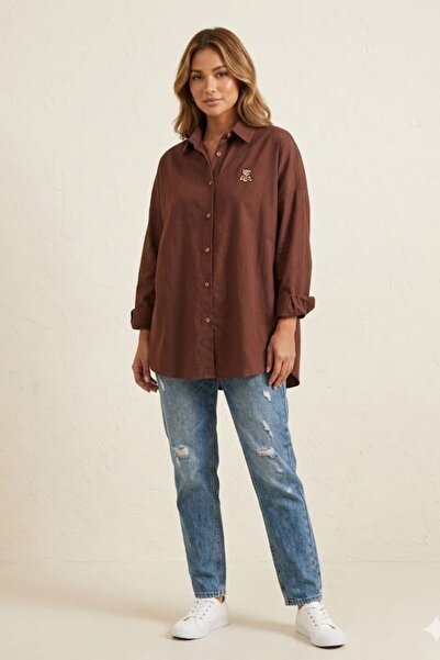 MODA GLORY Kadın Ayıcık Nakışlı Oversize Gömlek - %100 Pamuklu Rahat Kesim Gö...