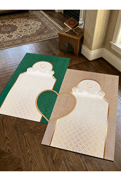 patron halı Sec_531 Heart-Shaped Prayer Rug Non-Slip Base Double Prayer Rug S...