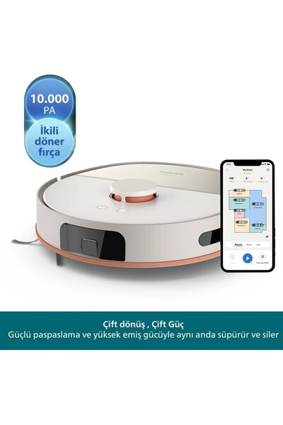Philips 10000Pa Islak Kuru Robot Süpürge Çift Döner Paspas Uzun Çalışma Süres...
