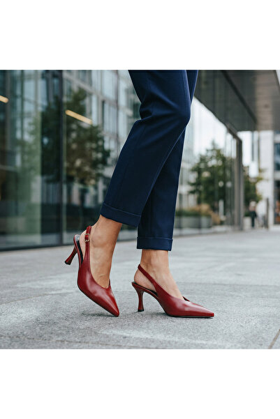 Lunetti Lucia Bordo Cilt Sivri Burun Arkası Açık Tokalı Slingback Kadın Ayakkabısı - Büyük Numara Topuklu Stiletto