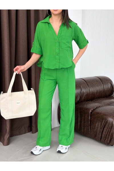 DAME Women's High-Waisted Front-Cut Trousers - Single Pocket Shirt Linen Set