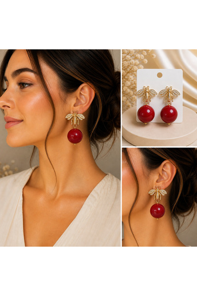 synshop Red Zarax Model Beaded Earrings with Gold Bee Figure, Women's Stylish...
