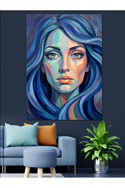 Artmeg Portret decorativ de femeie modernă cu păr albastru pe pânză - Tablou ...