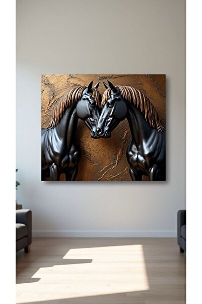 HDART Bronz Dokulu 3D Efektli İki Atlı Kanvas Tablo | Siyah At Figürlü Modern...