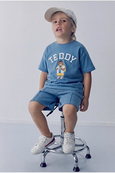 Magu Set de pantaloni scurți și tricou cu imprimeu Teddy, albastru, din bumba...