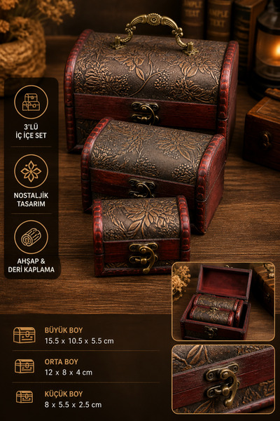 Tamsena Store 3’lü Eskitme Ahşap Deri Sandık Kutusu – Nostaljik Tasarım İç İç...