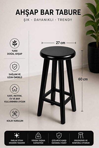 ÇALIK Parlak Siyah Bar Taburesi 60 cm – Şık, Sağlam, Modern Tasarım