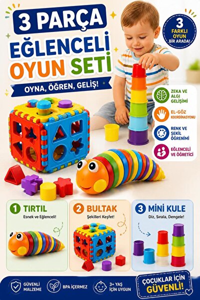 SAZE 3 Parça Eğitici Oyuncak Seti Tırtıl Bultak Mini Kule Çocuk Zeka Geliştir...