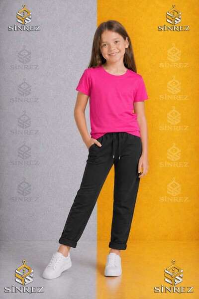 SİNREZ Kiz Children's Plain Trousers 5.Mdl Elastic Waist Lycra Folded Leg Style
