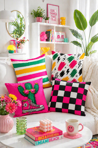 Bertille Home Set de 4 huse de pernă cu imprimeu digital pe două fețe din ser...