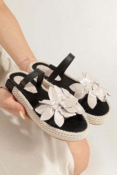 BARAK SHOES Women's Leather Floral Detailed Side Rope Wrapped Ready-To-Wear S...