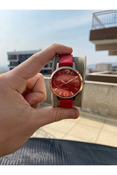 Geneva Kadın Kalp Detaylı Kırmızı Kordon Rose Gold Kasa Quartz Kol Saati