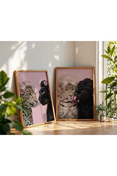 NinaStore Leopar Siyah Panter Duvar Sanatı Seti | Komik Pembe Orman Kedileri ...