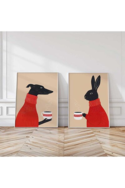 NinaStore Tazı ve Tavşan Temalı Kahve Resim Baskıları (2'li Set) - Eğlenceli ...