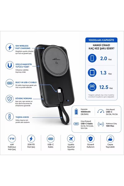 HİBOTEKNO 10000mAh Kablosuz Powerbank 20W PD Hızlı Şarj – Dahili USB-C Kablol...
