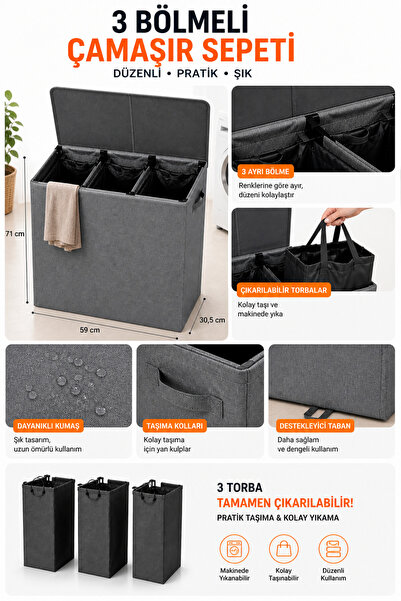 ESTİ 128 Litre 3 Bölmeli Kapaklı Çamaşır Sepeti - Taşınabilir İç Torba, Katlanabilir Geniş Hacimli Kirli Sepeti - 59x30,5x71 cm