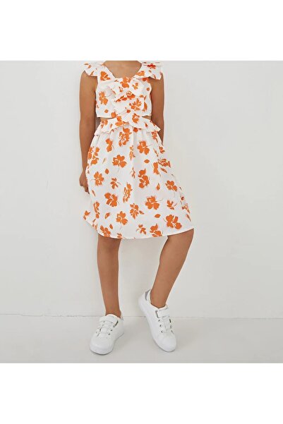 LC Waikiki LCW Kids V Yaka Desenli Poplin Kız Çocuk Elbise