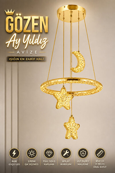 Elvora Home Modern (PREMİUM) Gold LED Sarkıt Avize Ay Yıldız Taşlı Dekoratif ...