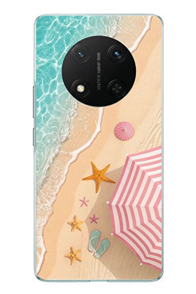 TechTree Honor X9C Uyumlu Pembe Şemsiyeli Sahil Baskılı Silikon Kılıf