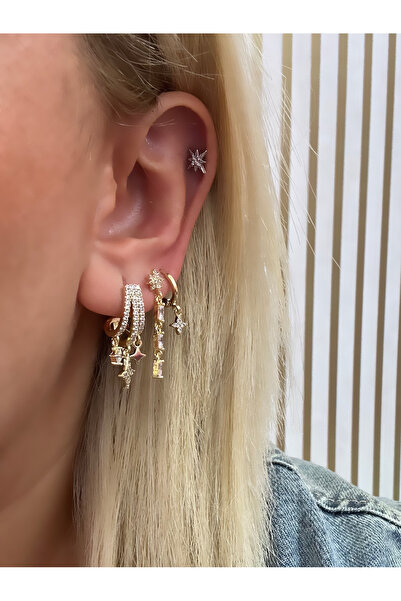 SALLANTILI YILDIZ MODEL GOLD ÜÇLÜ SET ÇELİK KÜPE