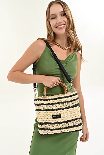 Pierre Cardin Women's Straw Black Detailed Adjustable Strap Shoulder Bag