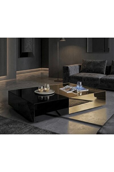 LUXURY VİLLA LUXURY SIYAH CAMLI GOLD AYNALI DEKORATIF TEKERLEKLI ORTA SEHPA 6...