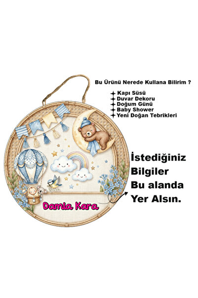karalar ahşap Kişiye Özel İsimli Bebek Kapı Süsü 30x30 cm