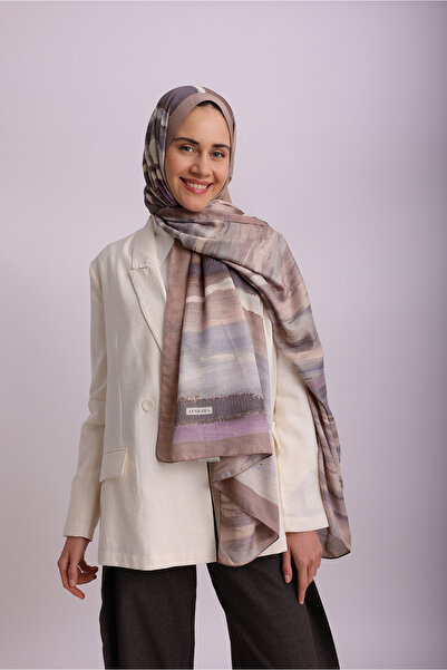 Ayshara Nil Watercolor Patterned Double-Sided Shawl - Stone Brown Lilac