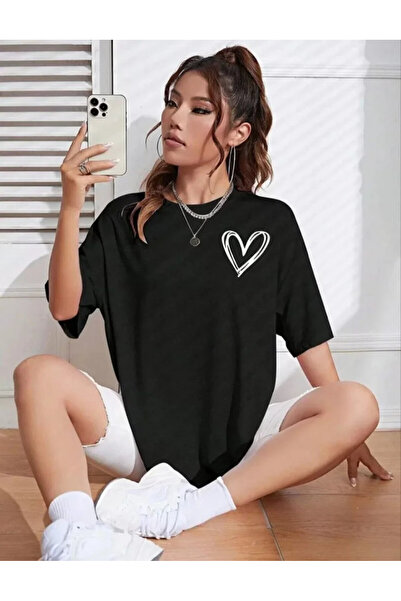 Efnaz style Crew Neck Printed Oversize T-Shirt - Black