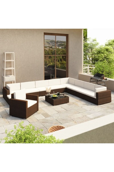 vidaxl Set mobilier de gradina cu perne, 12 piese, maro, poliratan