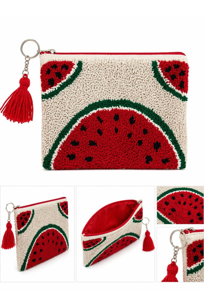 Berliva Home Handmade Punch Embroidered Watermelon Patterned Zippered Multi-Purpose Handbag