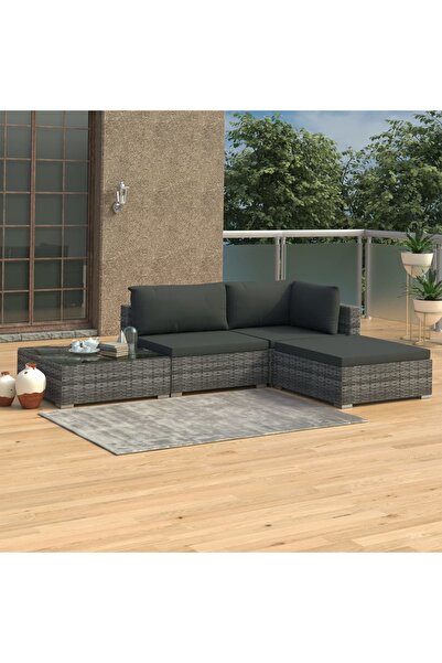 vidaxl Set mobilier de gradina cu perne, 4 piese, gri, poliratan