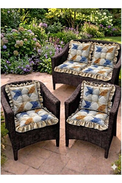 MİNDERHAN 5D BASKILI Sırtlı Saçaklı Sandalye Minderi 45X45 Cm 4'LÜ TAKIM