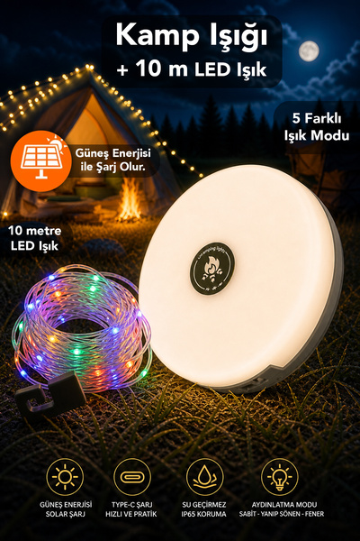 mimtec Led Kamp Işığı - 10 Metre Type-C Şarj Giriş Güneş Enerjili Bahçe Dekor...