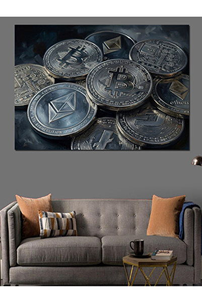 Artmeg Pânză decorativă cu monede cripto din argint - Tablou din lemn MDF