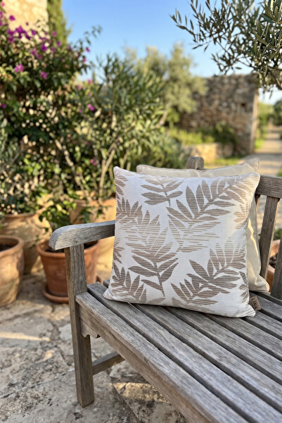 Dış Mekan Su İtici Güneş Işığına Dayanıklı Modern Desenli Kırlent Kılıfı Krem Kahverengi 45x45 cm Gizli Fermuarlı