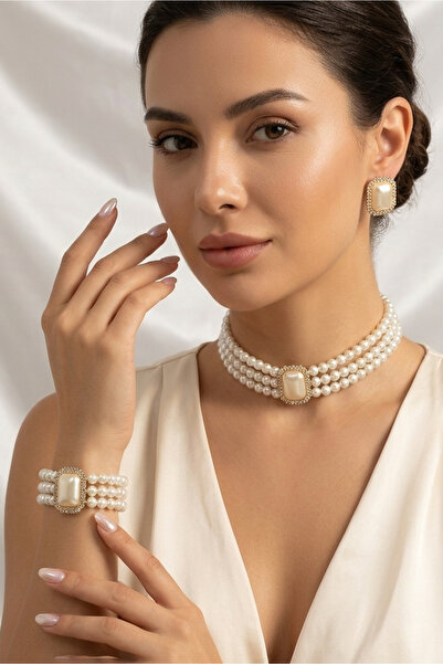 Happyline İncili taşlı gold kaplama cam inci choker kolye tasarım şık kolye b...