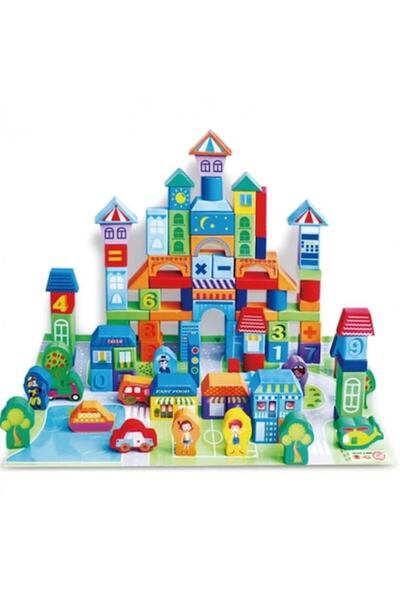 Stuniko ® Set 100 de cuburi de construit din lemn pentru copii, "Traficul ora...