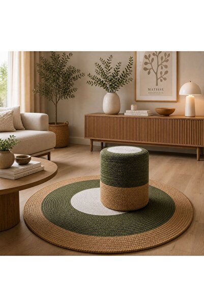 home inn El Örgüsü Puf + Halı 120 cm Seti Yuvarlak Dekoratif, Leke Tutmaz & S...