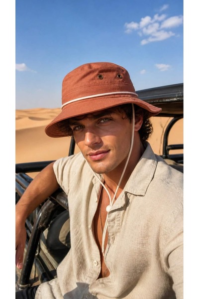 BALIENTE Καφέ λινό ανδρικό καπέλο Safari Bucket με ρυθμιζόμενο κορδόνι