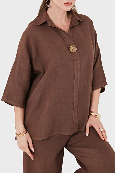 Via Dante Relaxed Fit Button Detailed Classic Collar Linen Blouse Bluz 6617609