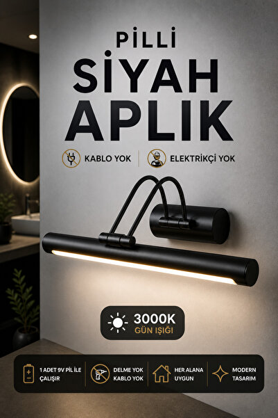 luxshome Pilli Siyah LED Duvar Apliği 3000K Gün Işığı Ayna Üstü Tablo Aydınla...