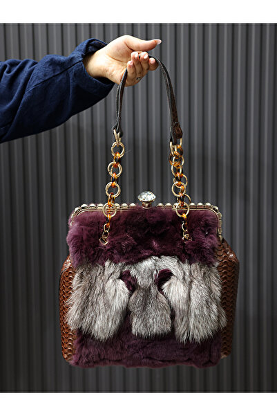 EVASAMLİSHOESBAG Mürdüm Peluş ve Gri Kürk Detaylı Vintage Form El Çantası