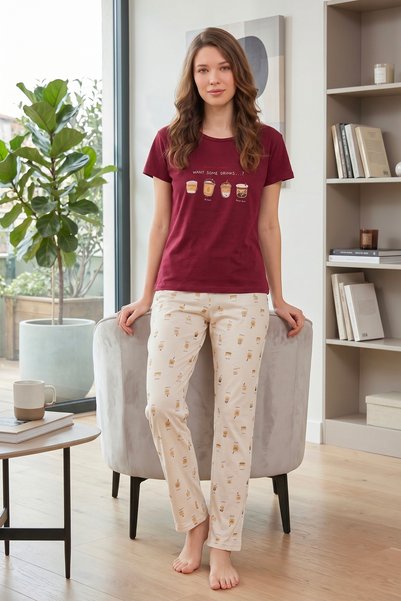 Bravie Round Neck Long Comfortable Cotton Pajama Set 41543 Red