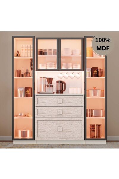 comiet Nilüfer Mdf Kahve Köşesi Dolabı 4 kapak Çekmeceli Işıklı