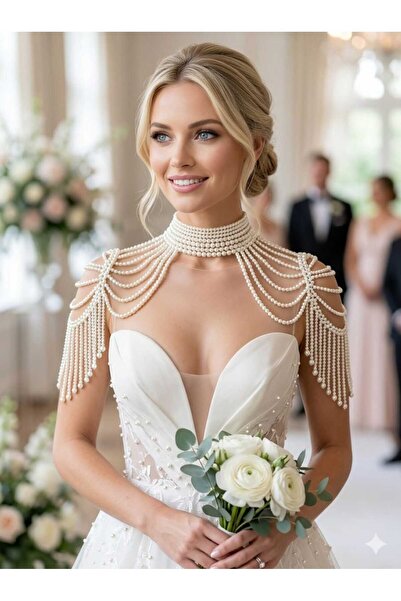 vogutima Gelinlik Omuz Kolyesi - Cam İnci Omuz Kolyesi Bride Gelinlik Aksesuarı