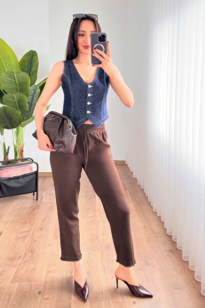 Hipo Trend Calf Detailed, Pocketed, Waist-Tied Brown Trousers