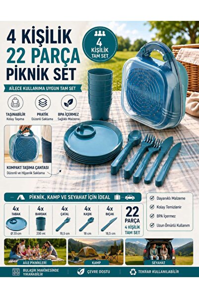 Hanım Ev Piknik Seti Çantalı – 4 Kişilik Tabak Bardak Çatal Kaşık Seti | Süzg...